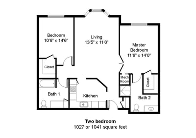 Hemlock_517 - 2 Bedroom 2 Bath - Floor Plan - 1027 sq ft